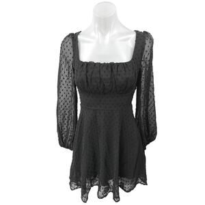 NEW WDIRARA Black Swiss Dot Puff Long Sleeve Mini Fit & Flare A-Line Dress XXS